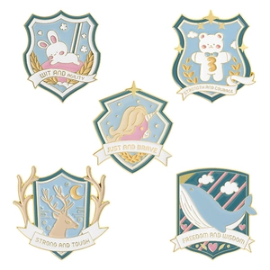 Five-piece blue shield enamel pin set with cute cartoon animals and gold finish