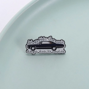 Classic car enamel pin with quote: driver picks the music shotgun shuts his cakehole