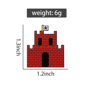 Detail of red pixel-style castle enamel pin showing dimensions 1.3x1.2 inch and 6g weight