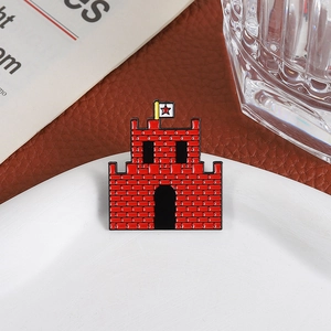 Creative red pixel art castle enamel pin with star and flag on white ceramic plate