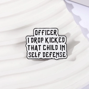 Funny coffee cup enamel pin with social media meme text on a white textured background