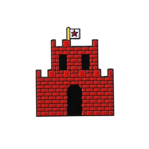 Creative red pixel castle enamel pin badge with star flag on white background