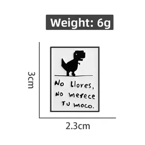 Detailed view of pixel dinosaur enamel pin showing exact dimensions 3cm x 2.3cm and 6g weight