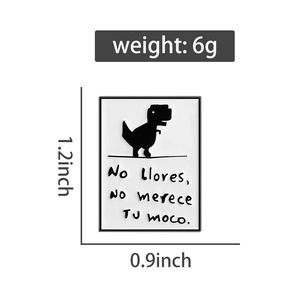 Detail view of square enamel pin featuring pixel dinosaur with 1.2 x 0.9 inch dimensions