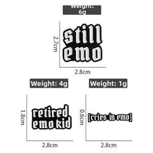 Size and weight specifications for black and white Emo culture enamel lapel pins