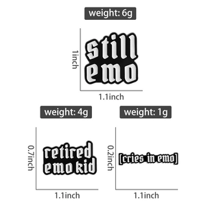 Detailed size and weight chart for three black and white emo themed enamel lapel pins