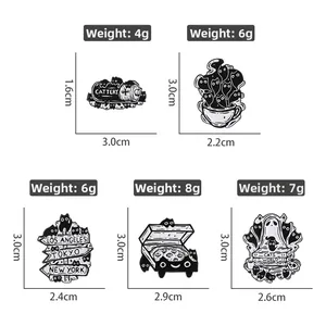 Detailed grid showing black cat enamel pins with precise dimensions and weights
