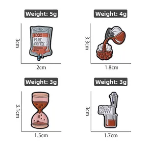 Creative coffee enamel pin set with infusion bag, hourglass and beaker designs