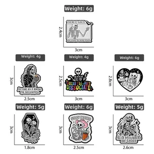 Macro display of seven unique skeleton enamel pins featuring dark humor and cat designs