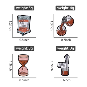 Detailed dimensions and weight of four creative coffee-themed enamel pins in a 2x2 grid