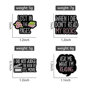 Detail view of book-themed enamel pins with sizes and weight for library lovers
