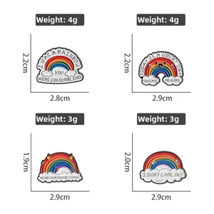 Detail view of four rainbow enamel pins with ironic slogans and cloud designs