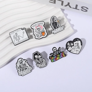 Funny skeleton enamel pins set featuring black and white skull life scenes in metal finish