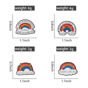 Detailed dimensions and weight specifications of four rainbow enamel lapel pins and badges