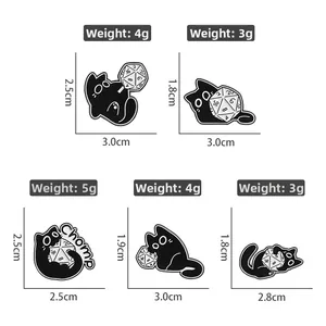 Detailed size and weight view of various cute black cat enamel pins with D20 dice design