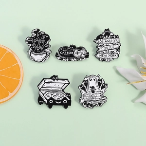 5-piece set of creative black cat enamel pins featuring coffee, battery and book designs