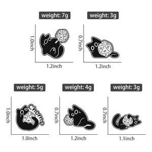 Detailed size chart for creative black cat enamel pins featuring 20-sided dice designs