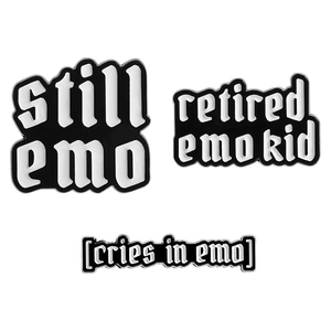 Three-piece black and white enamel emo pins set featuring minimalist slogans for backpacks
