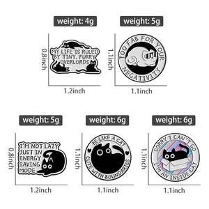 Detailed view of cat enamel pins with funny slogans and dimensions in inches
