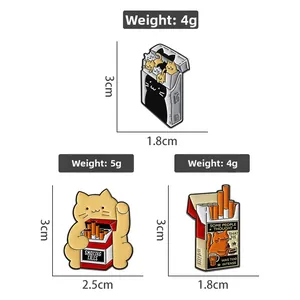 Detailed view of creative cat enamel pins with dimensions and weight measurements