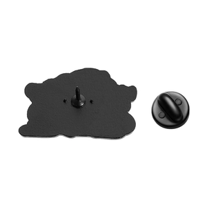 Detail view of the black enamel cat pin back with secure rubber clutch fastener