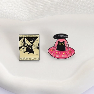 Cartoon UFO black cat enamel pins made of zinc alloy for creative clothing decoration