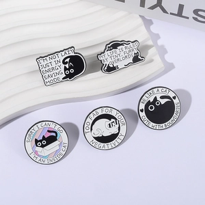 Set of 5 cartoon black cat enamel pins with humorous quotes for bags and clothing decoration