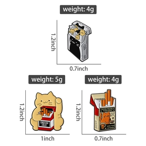 Detailed size and weight specs for three cat-themed cigarette box enamel pins