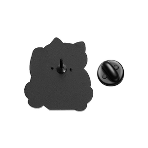 Detailed back view of cat shaped enamel pin with secure black rubber clutch and needle