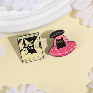 Cute black cat enamel pins with UFO and sofa designs for clothing decoration