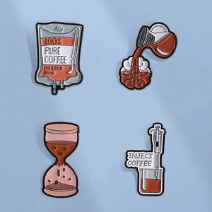Creative Coffee Addiction Enamel Pin Zinc Alloy Coffee Cup Hourglass Infusion Bag Injection Syringe Badge Brooch For Clothing Backpack Jewelry Gift