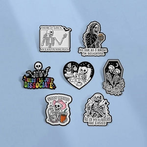 Collection of seven punk style skull enamel pins featuring dark humor and satire designs