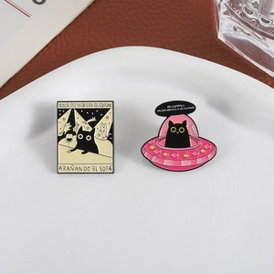 Cute black cat enamel pins set featuring a pink UFO design and a rectangular art badge