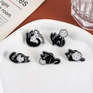Creative black cat and D20 dice enamel pins set for bags and clothing accessories