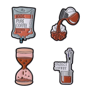 Set of four vintage science lab enamel pins featuring creative coffee and beaker designs