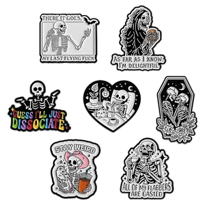 Set of 7 spooky skeleton enamel pins and funny metal badges for Halloween costumes