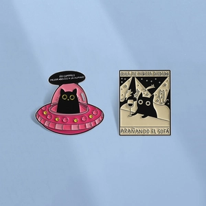 Cute Cartoon Cat Enamel Brooch Pin UFO Black Cat Drinking Illustration Badge Zinc Alloy Backpack Hat Decoration Jewelry Gifts