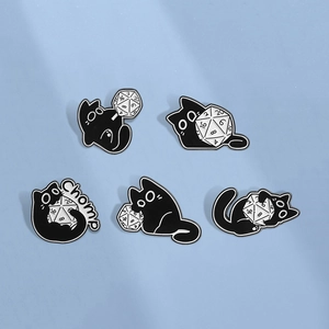 Creative Black Cat Polyhedral Dice Enamel Brooch Zinc Alloy Cute Animal Badges Pin Clothes Bags Accessories Unisex Gift