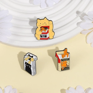 Set of 3 cartoon cat enamel pins featuring creative cigarette box designs in vibrant colors