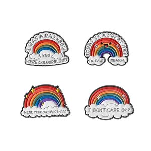 Creative set of 4 rainbow enamel pins with humorous English quotes on clouds