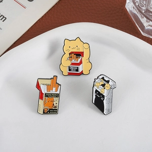 Three-piece set of cartoon cat cigarette box enamel pins for jackets and backpacks