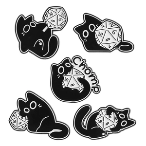 Set of five cute black cat enamel pins with D20 dice motifs in minimalist monochrome style