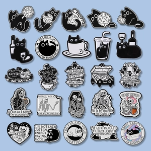 Black White Enamel Pin Cartoon Cat Skeleton Ghost Alloy Brooch For Backpacks Clothing Halloween Gift For Women Men