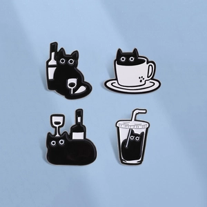 Funny Cartoon Black Cat Enamel Pin Coffee Cup Wine Bottle Alloy Brooch For Backpack Clothing Accessories Gift Women Men Jewelry