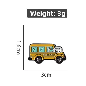 Detailed view of Struggle Bus enamel pin with dimensions 3cm x 1.6cm and 3g weight