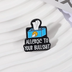 Funny blue tissue box enamel pin with Allergic to Your Bullshit slogan for backpacks
