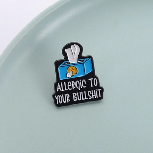 Funny blue tissue box enamel pin with emoji and Allergic to Your Bullshit text