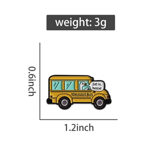 Detail view of yellow Struggle Bus enamel pin with goose driver and size dimensions