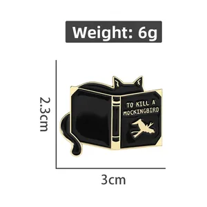 Detailed specs of black cat reading To Kill a Mockingbird enamel pin with size and weight