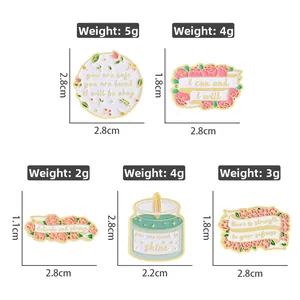 Size chart showing dimensions and weight for floral motivational enamel pins and badges